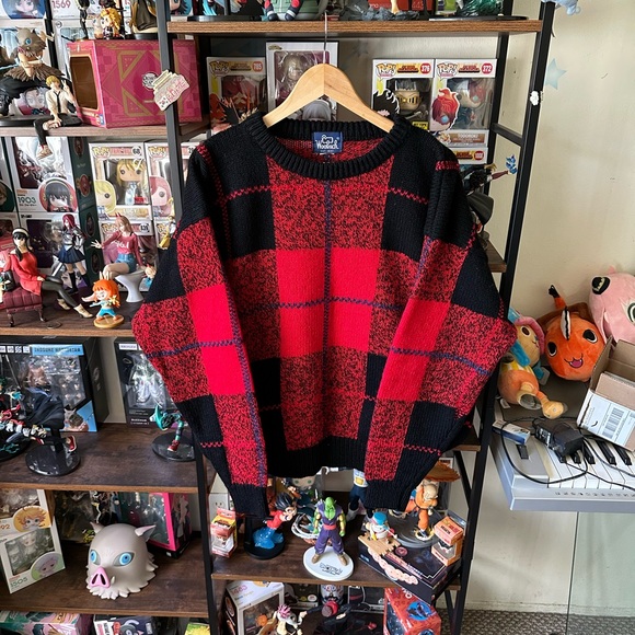 Vintage Woolrich Wool Blend Buffalo Plaid Sweater Red Black Crew Neck L - Picture 1 of 7